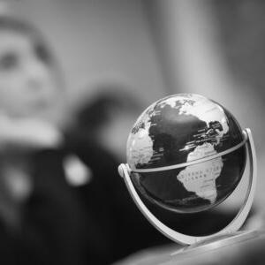 Black and white photo of a small globe