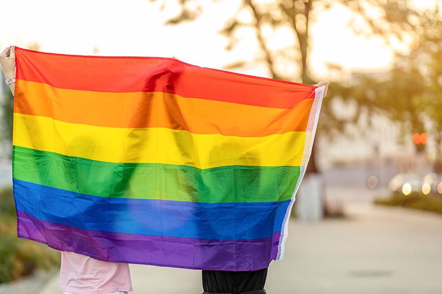 two students holding the rainbow flag